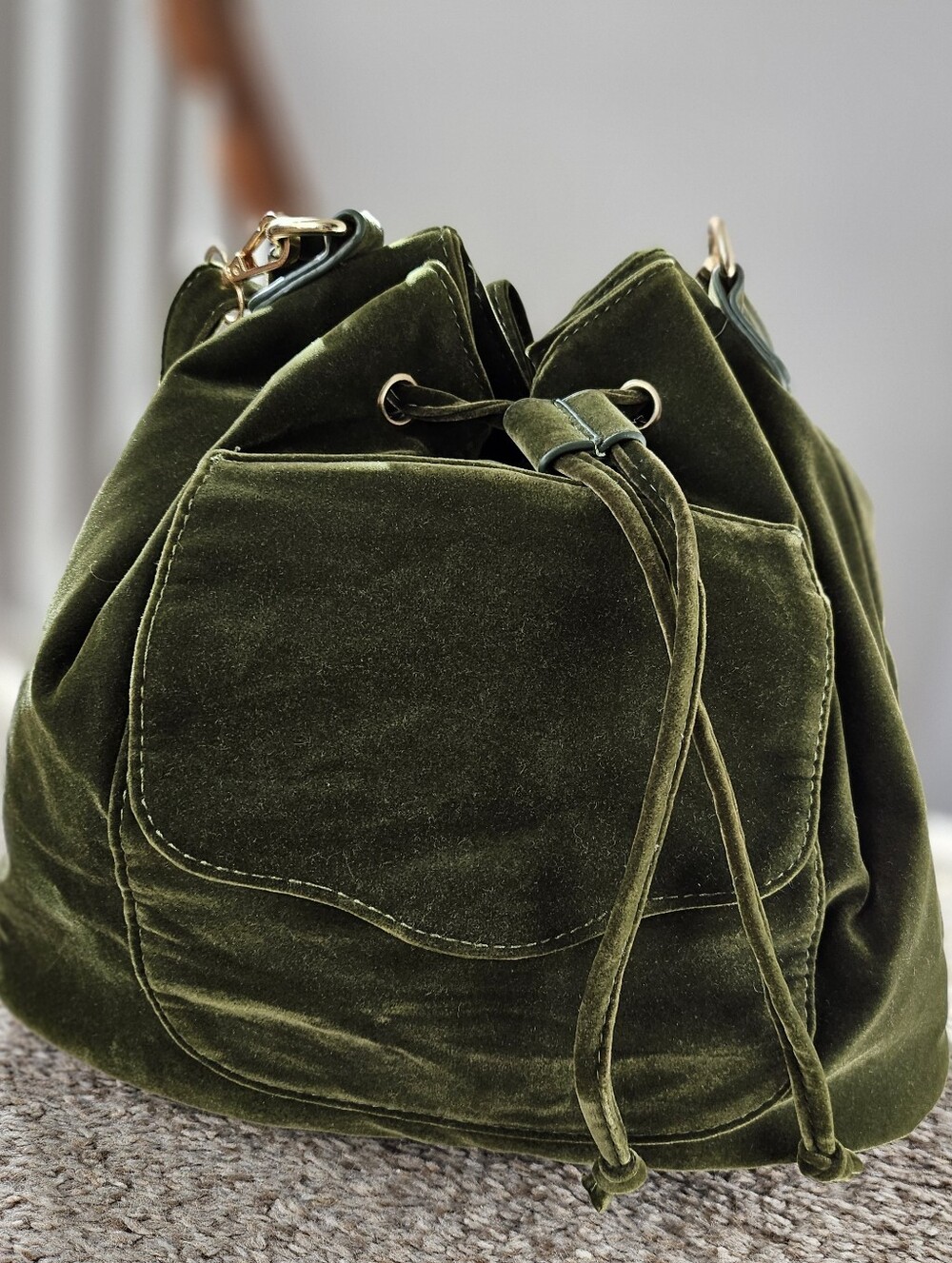 Olive Green Velvet Drawstring Shoulder Bag with Gold Hardware